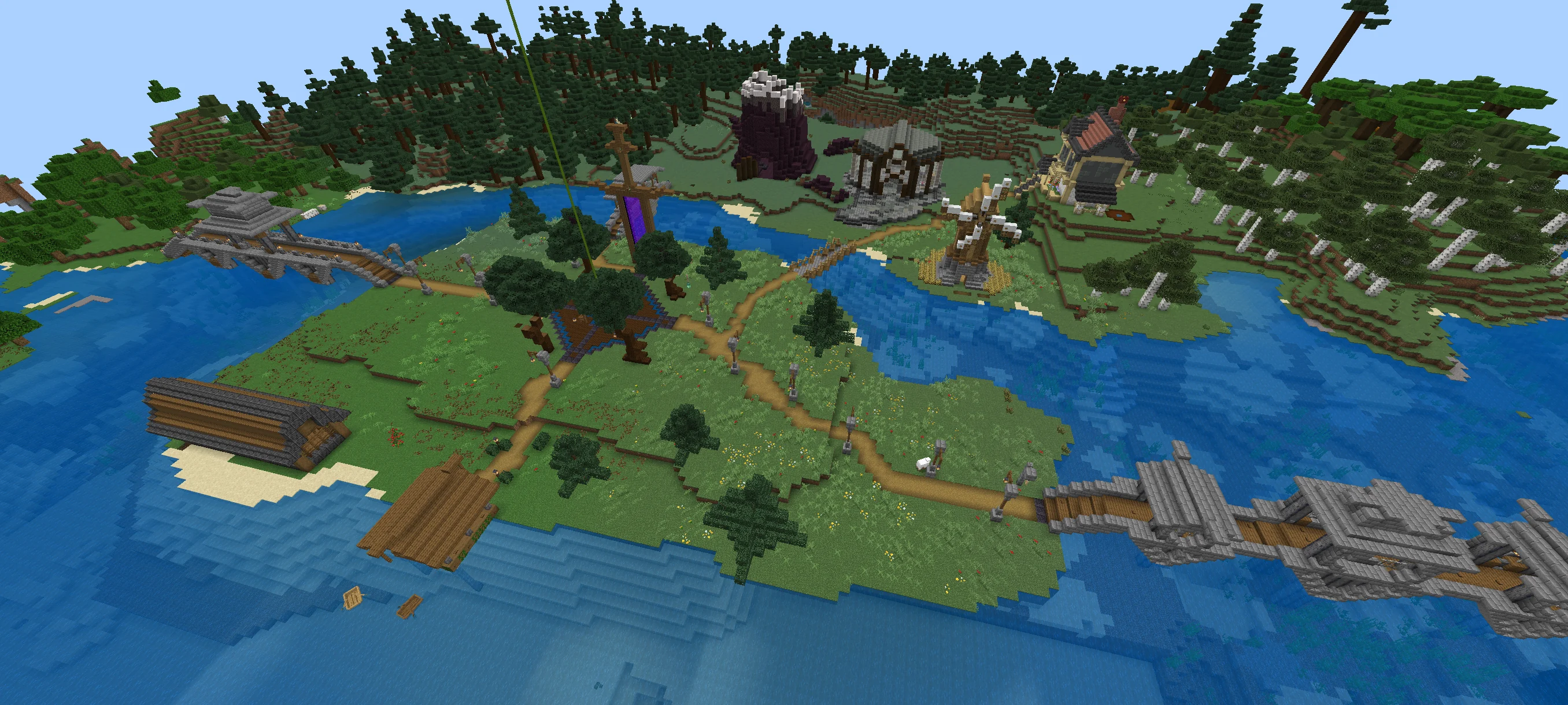 An aerial view of the ZGC world, with rivers, bridges, paths, forests, and player-built landmarks